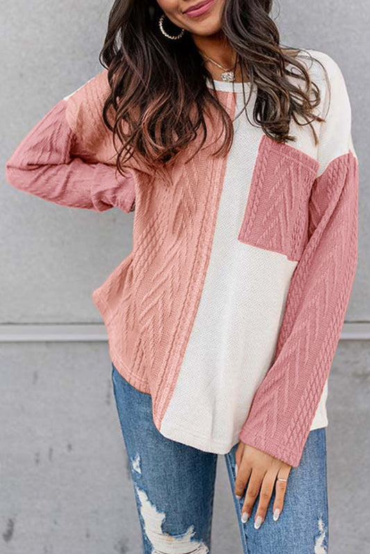 Peach Blossom Long Sleeve Colorblock Textured Knit Top