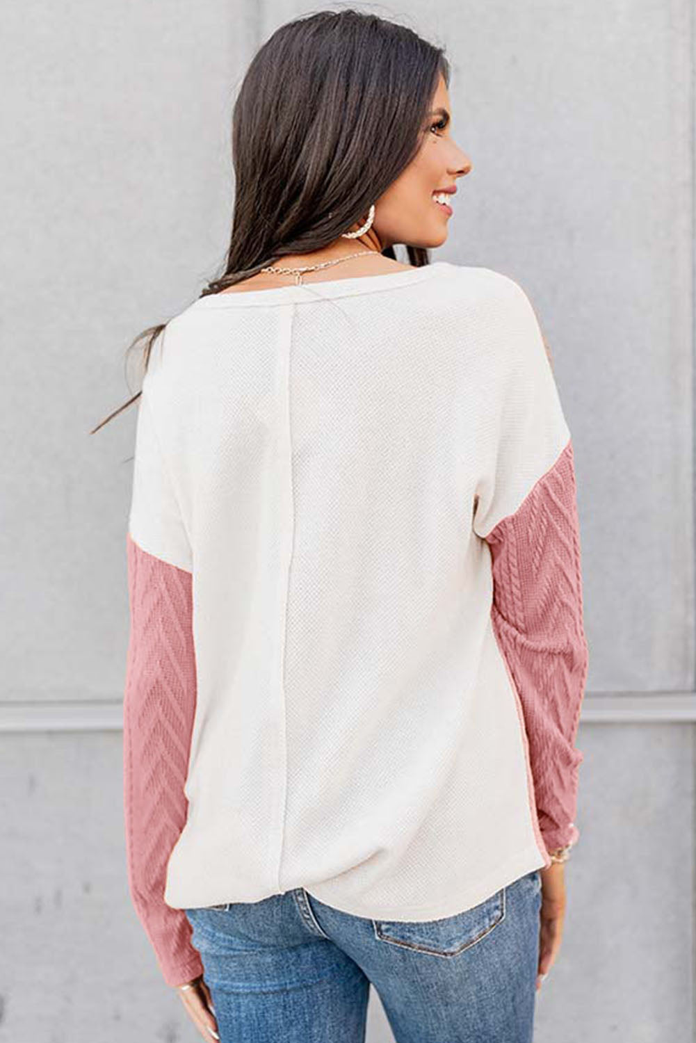 Peach Blossom Long Sleeve Colorblock Textured Knit Top