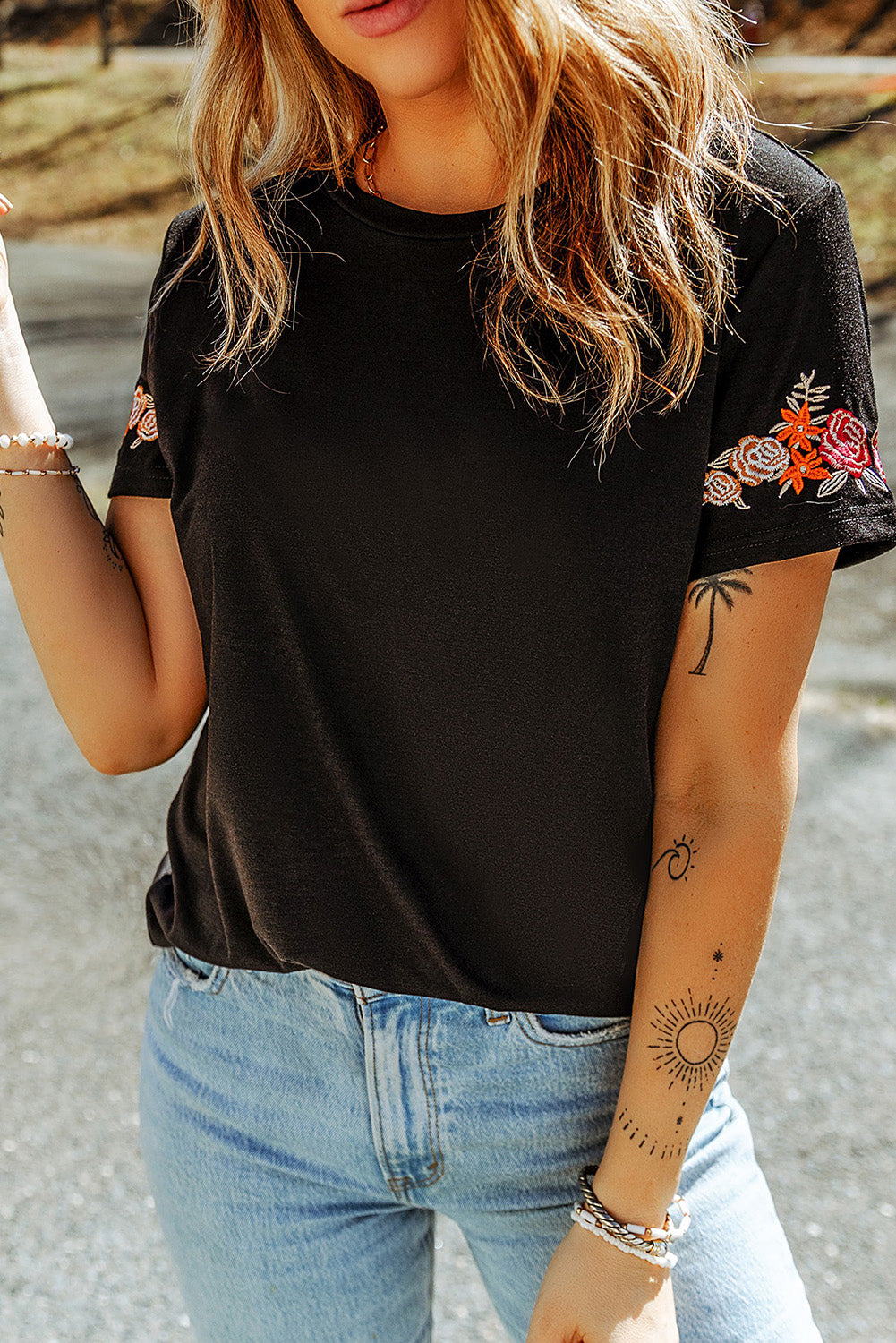 Floral Embroidered Sleeve Black Tee