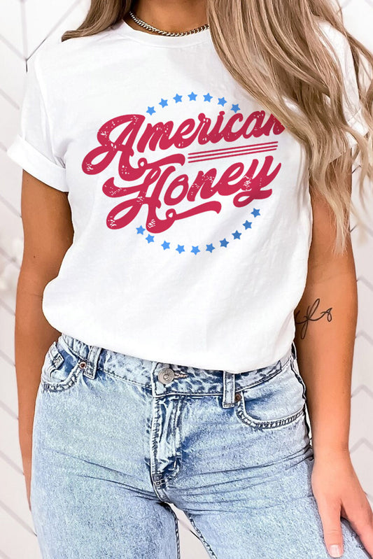 white tee with red lettering that says "American Honey", with a circle of little blue start around the letters