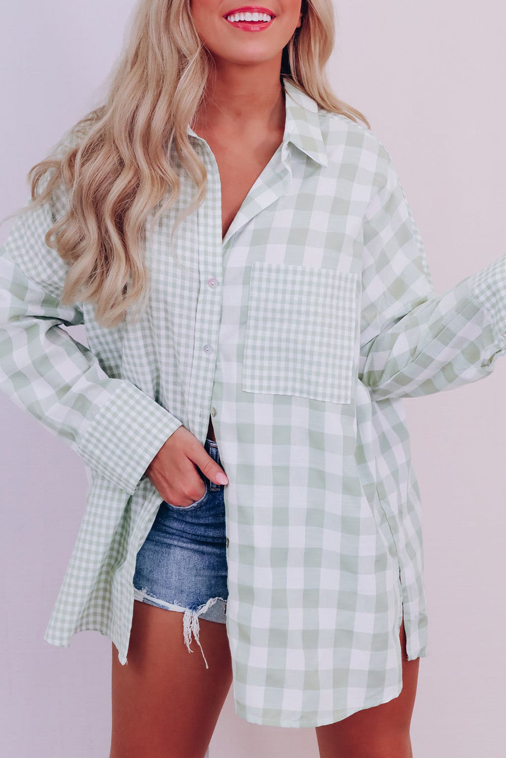 Sage Checkered Long Sleeve Top