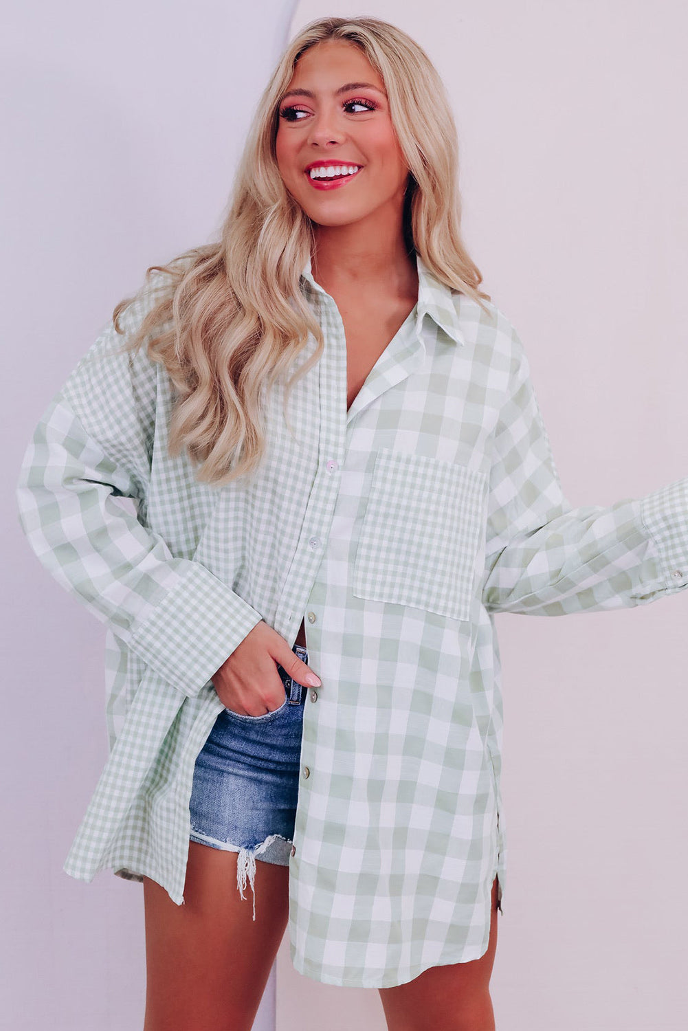 Sage Checkered Long Sleeve Top