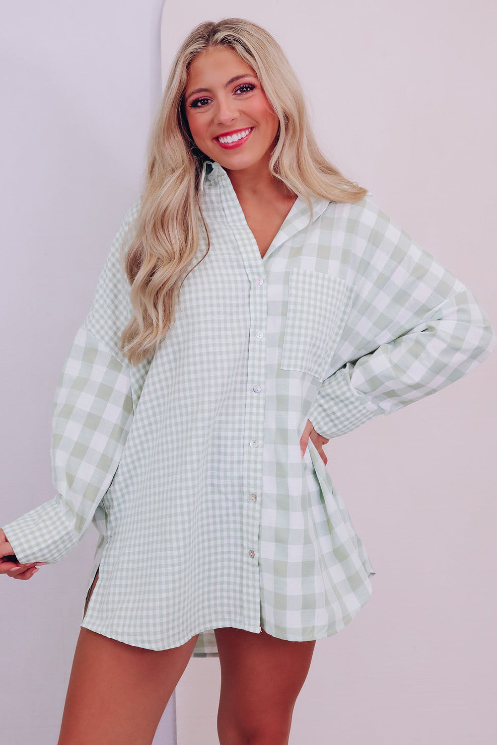 Sage Checkered Long Sleeve Top