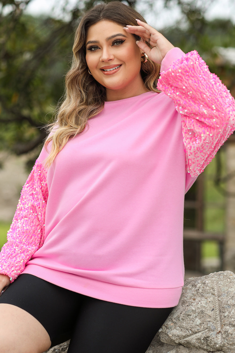 Pink Sequin Sleeve Pullover