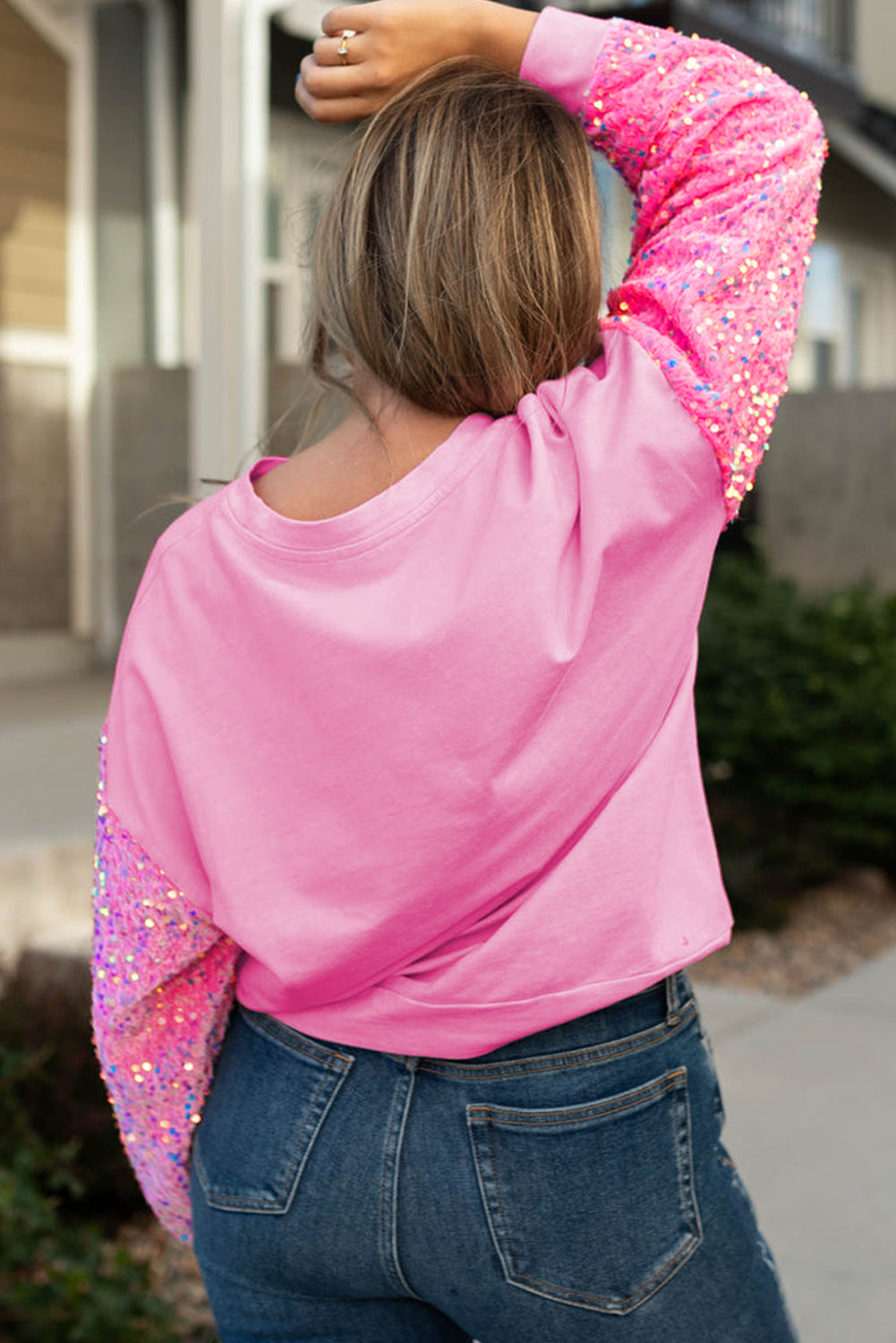 Pink Sequin Sleeve Pullover