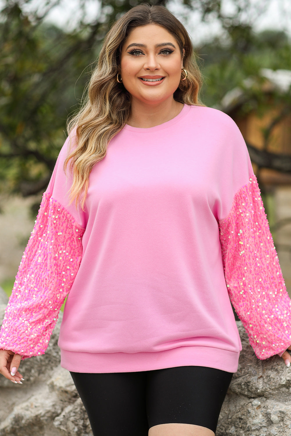 Pink Sequin Sleeve Pullover