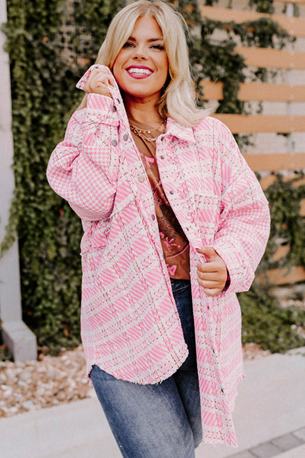 Pink Houndstooth Tweed Shacket