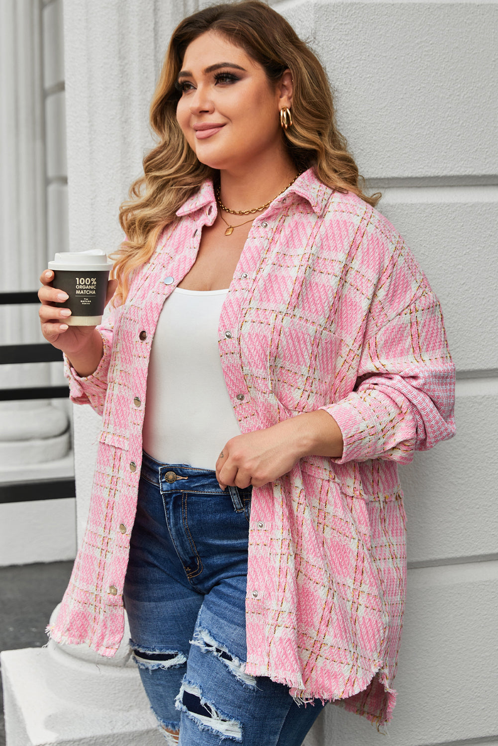 Pink Houndstooth Tweed Shacket