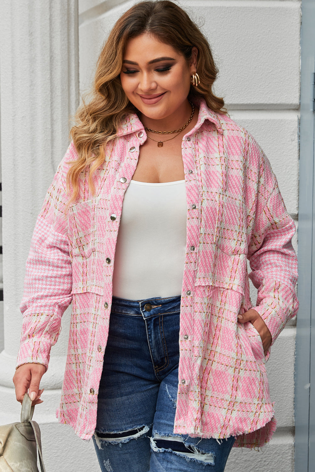 Pink Houndstooth Tweed Shacket