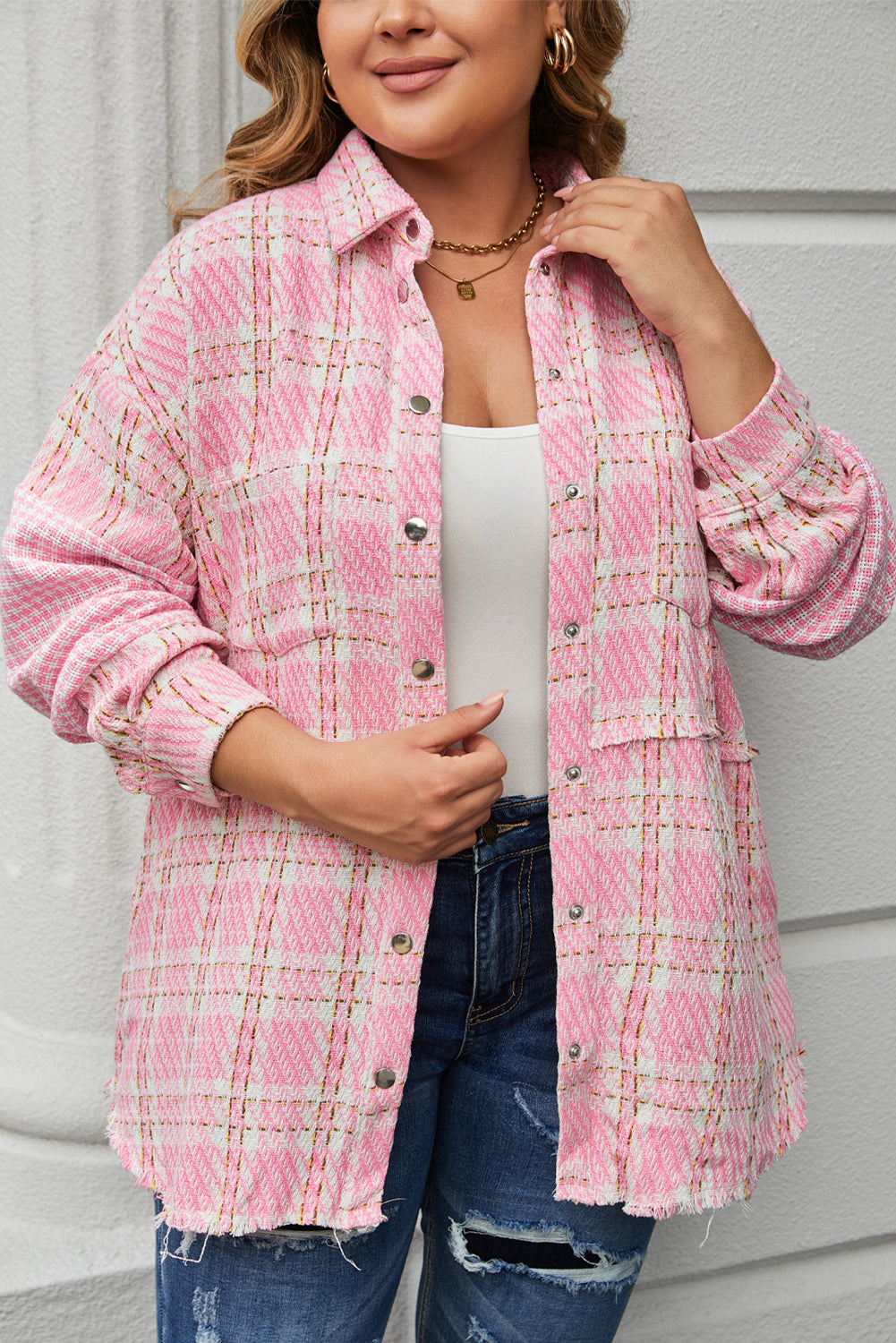 Pink Houndstooth Tweed Shacket