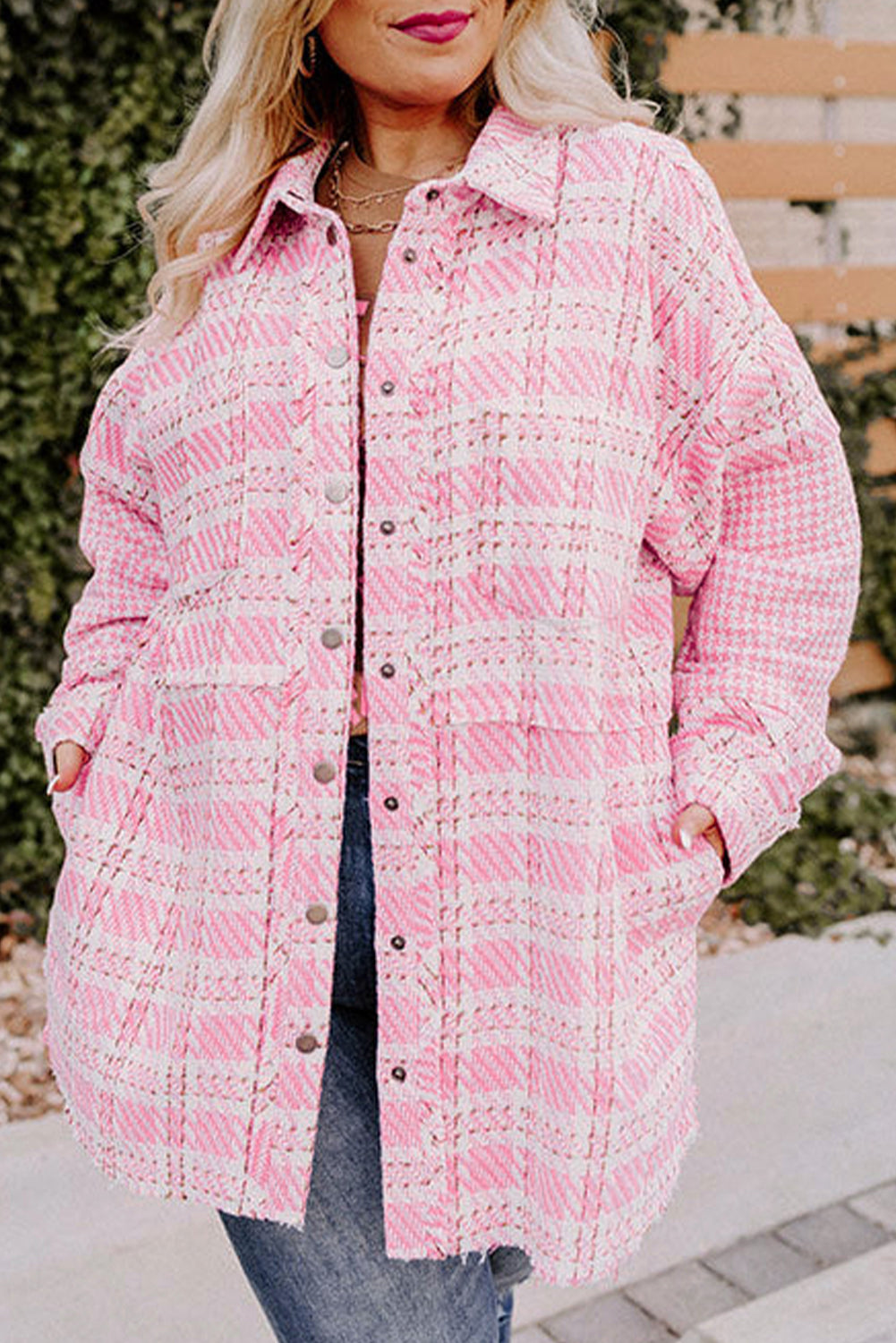 Pink Houndstooth Tweed Shacket