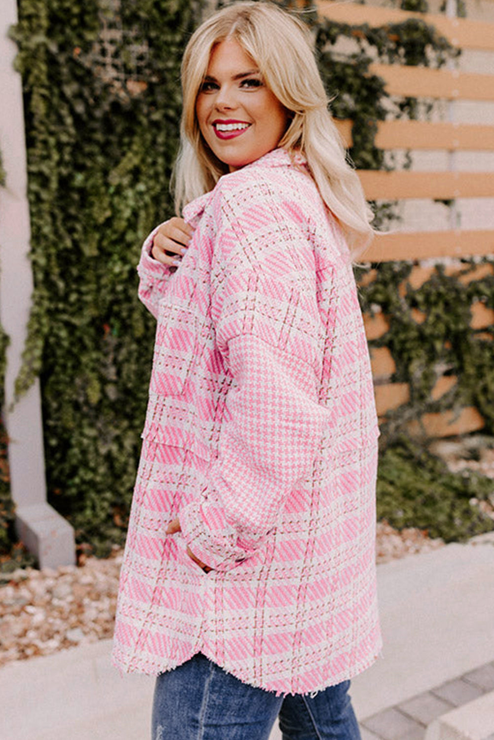 Pink Houndstooth Tweed Shacket