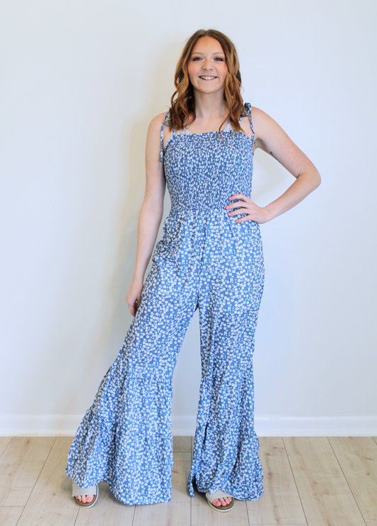 Dusty Blue Tiny Florals Smocked Jumpsuit