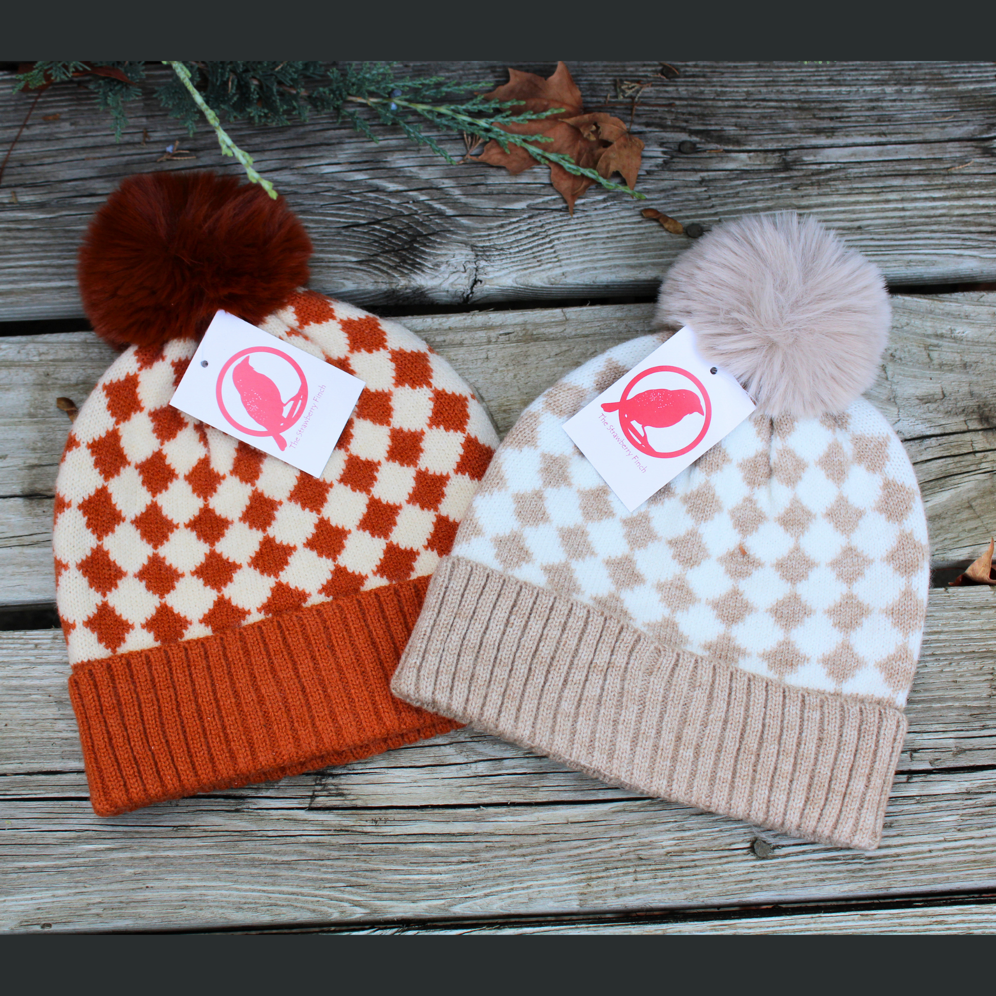 cream and white checkered beanie with pompom, dark orange and white checkered beanie with pompom