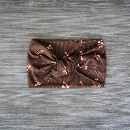 Brown Floral Ribbed Headhug-Top Knot