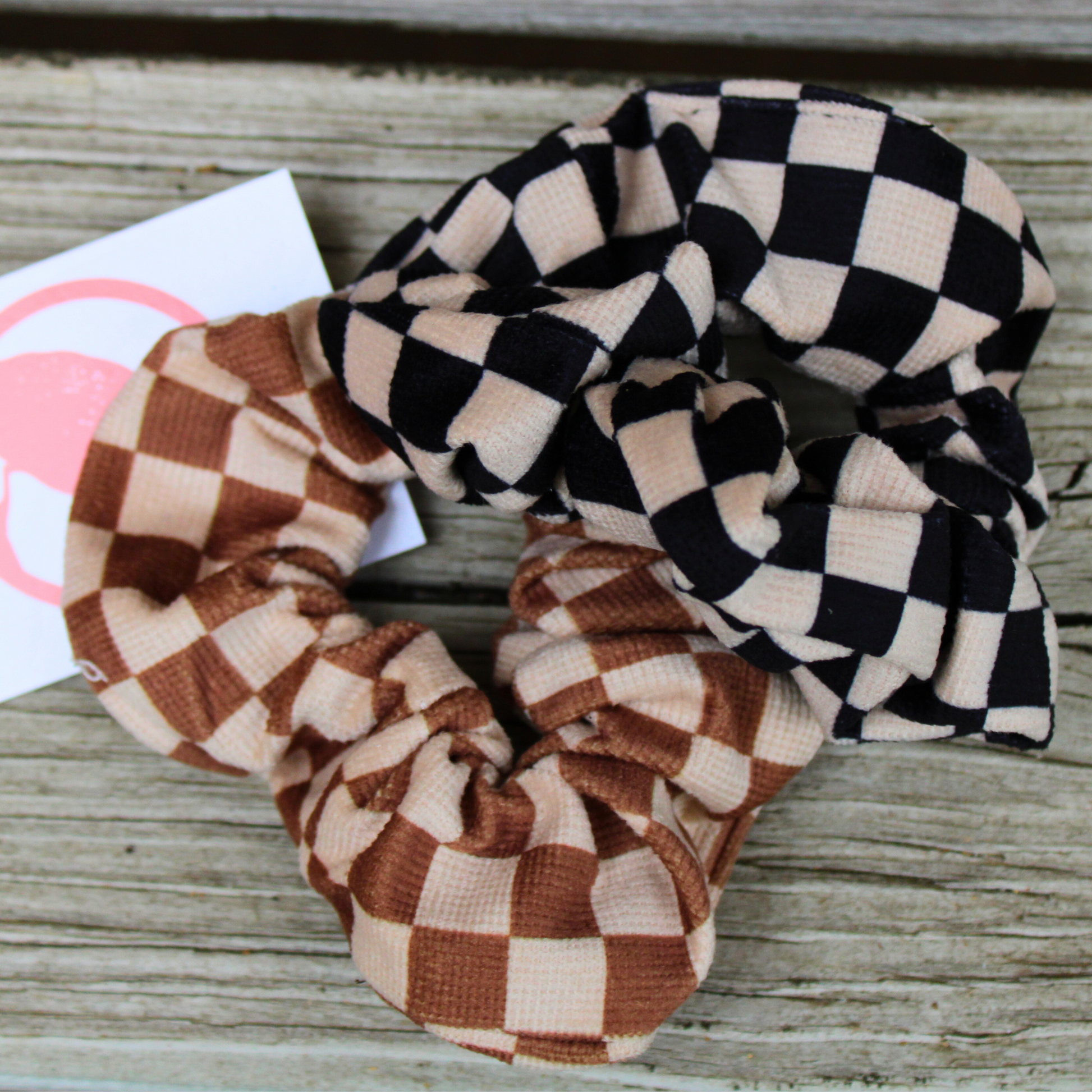 brown and cream checkered scrunchie, black and cream checkered scrunchie