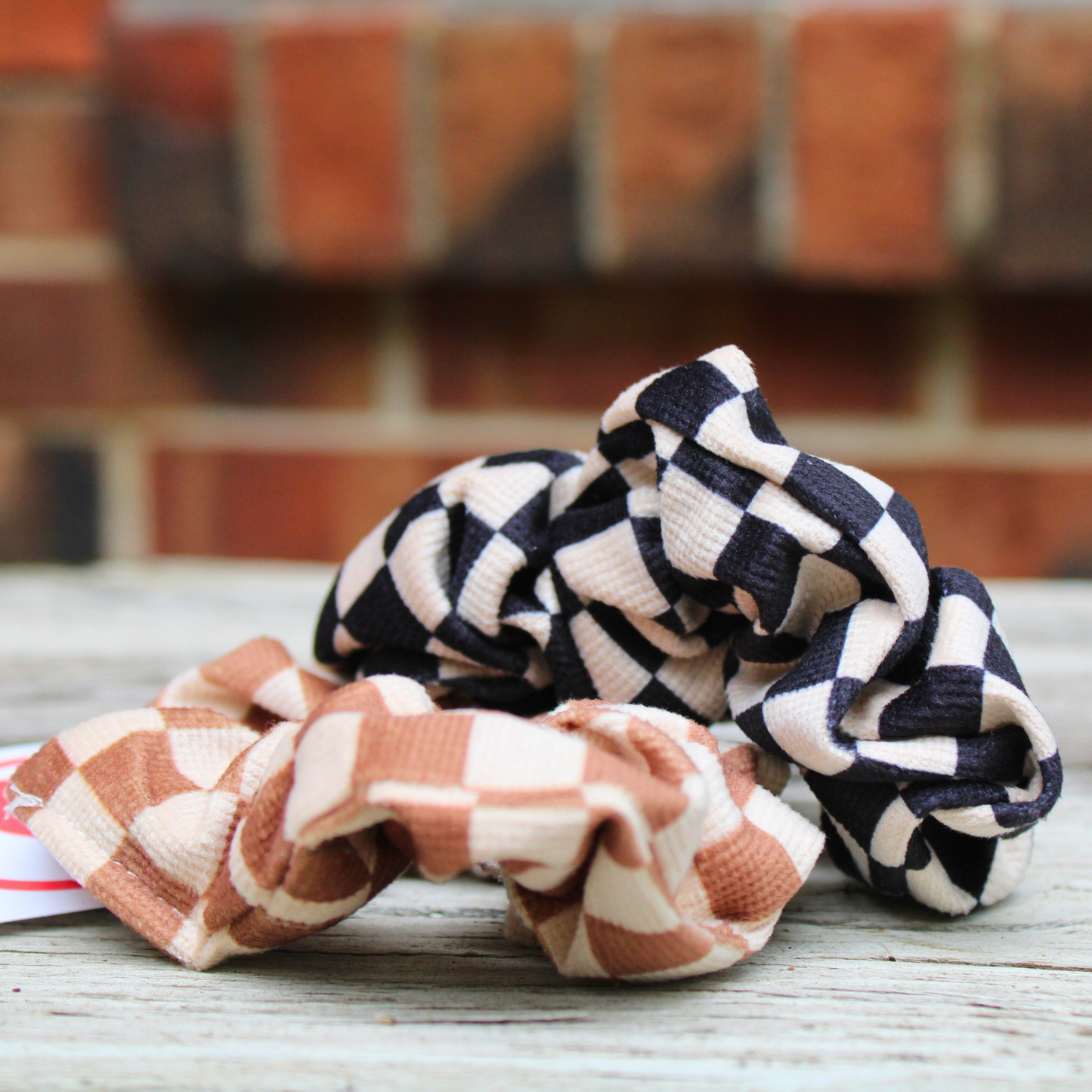 brown and cream checkered scrunchie, black and cream checkered scrunchie