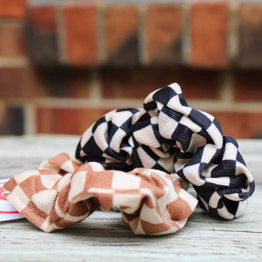 brown and cream checkered scrunchie, black and cream checkered scrunchie