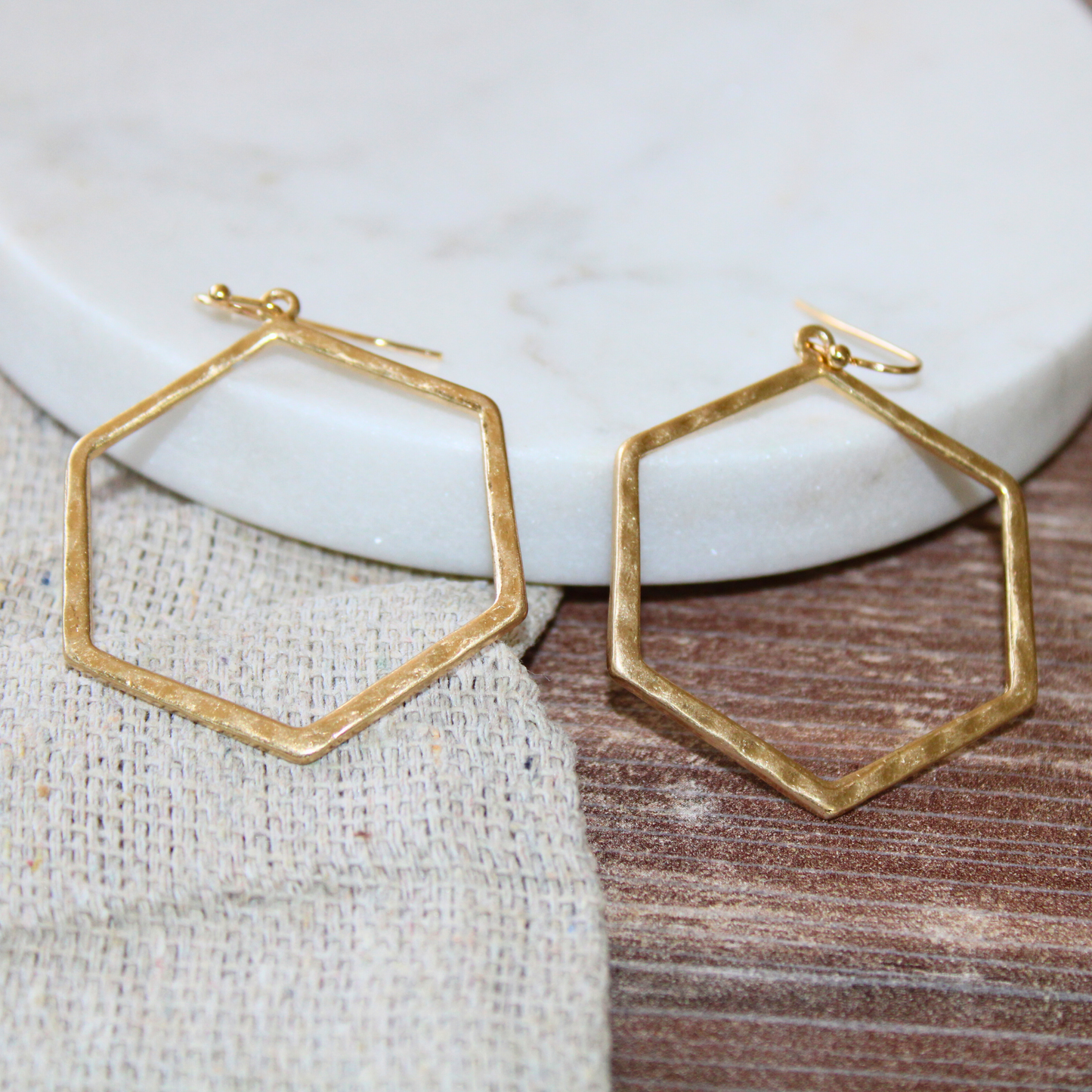 Hammered 14K Gold Plated Hexagon Hoop Earrings