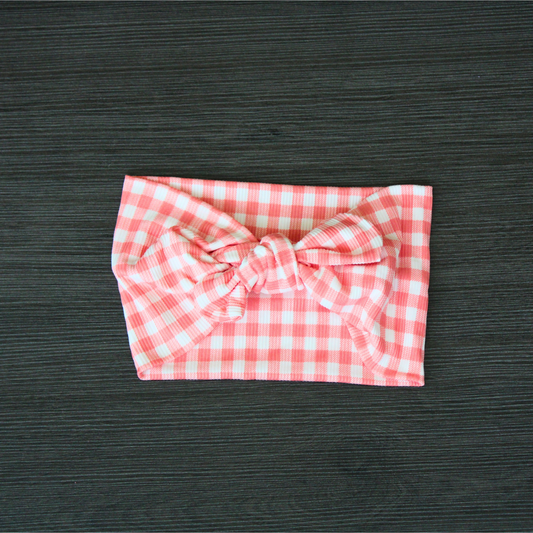 Peach Gingham Headhug-Faux Bow