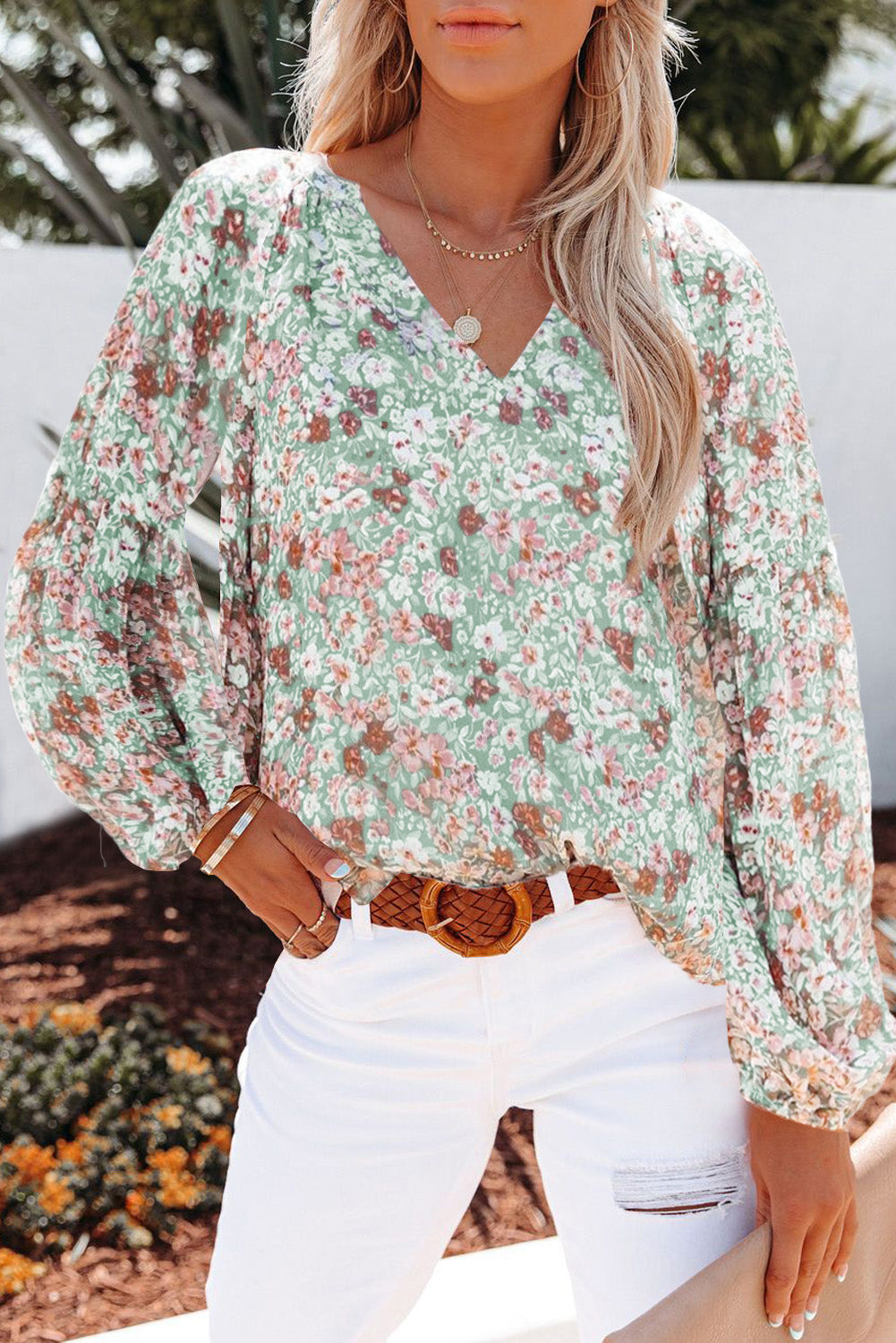 Green Floral Print V Neck Long Puff Sleeve Top