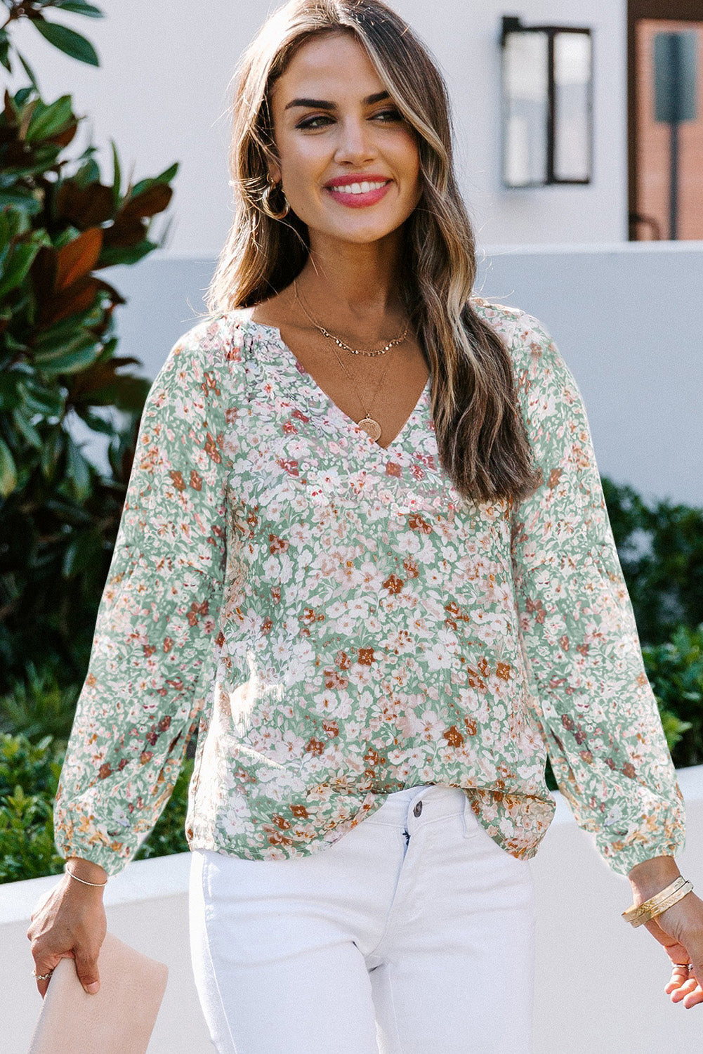 Green Floral Print V Neck Long Puff Sleeve Top