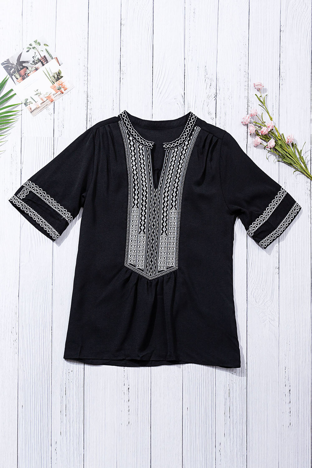 Black Geometric Embroidered Blouse