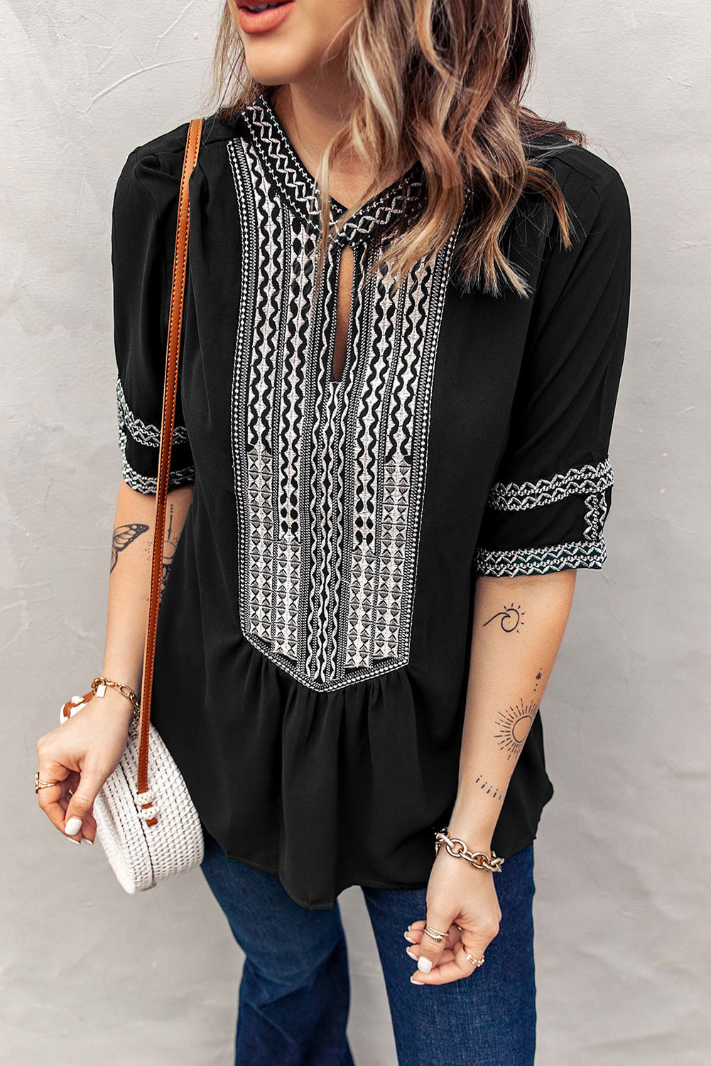 Black Geometric Embroidered Blouse