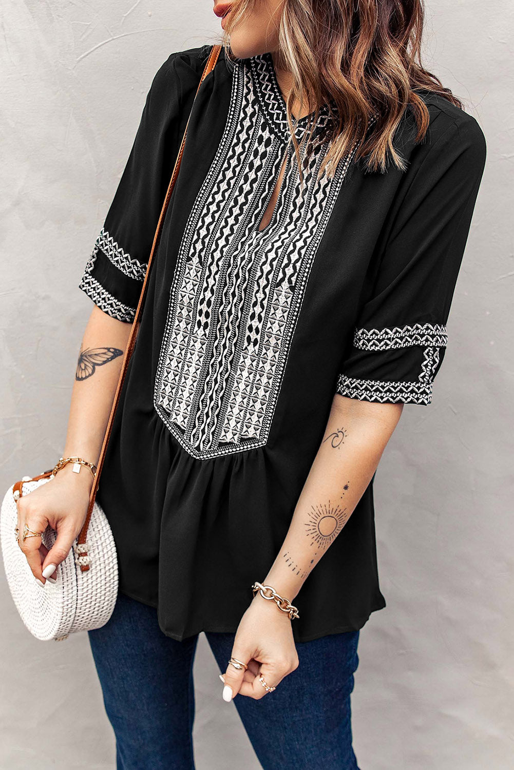 Black Geometric Embroidered Blouse