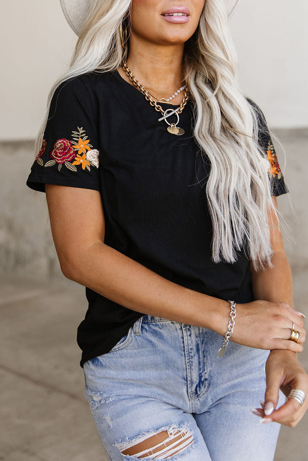 Floral Embroidered Sleeve Black Tee