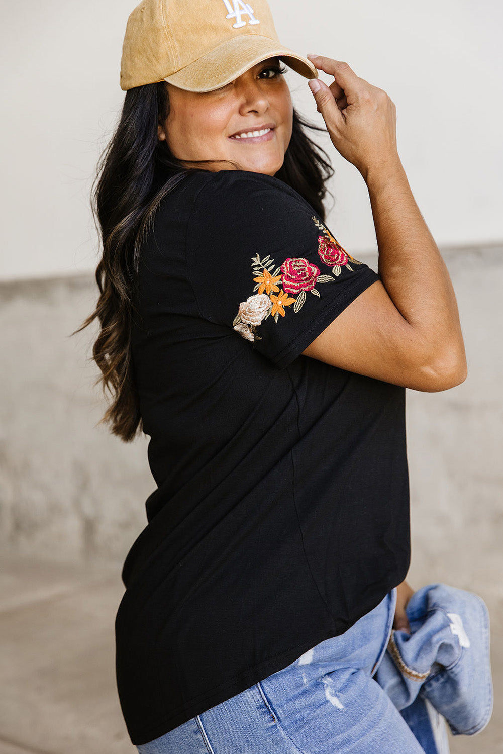 Floral Embroidered Sleeve Black Tee