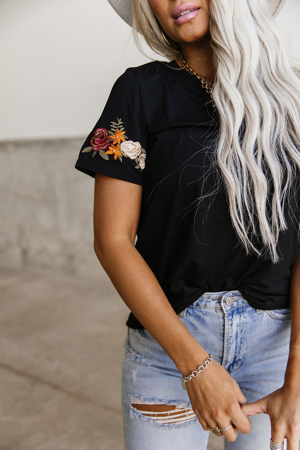 Floral Embroidered Sleeve Black Tee