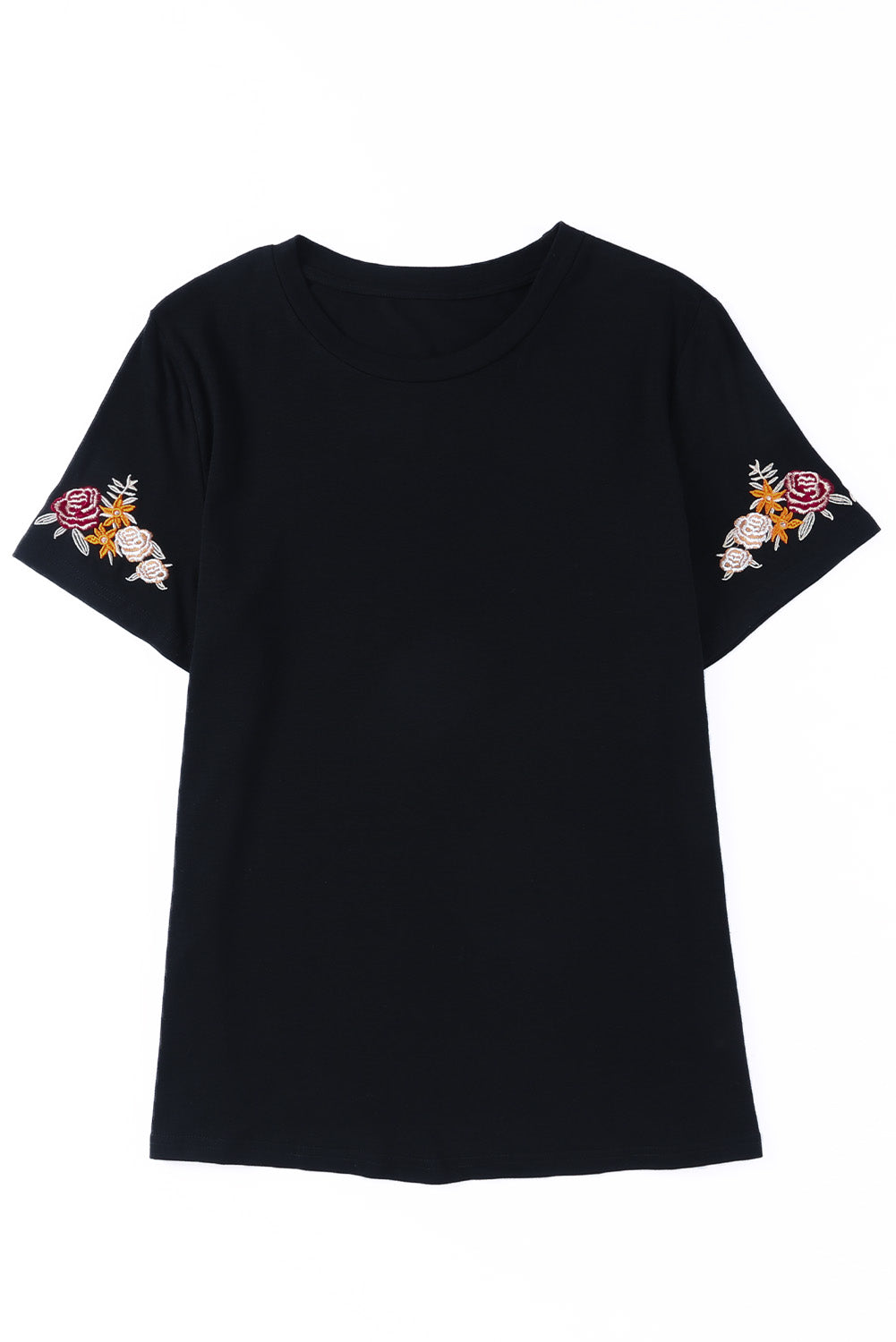 Floral Embroidered Sleeve Black Tee