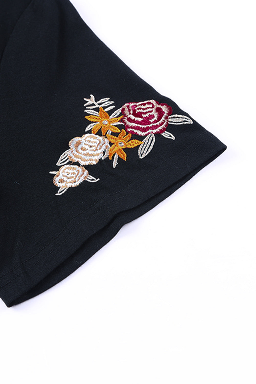 Floral Embroidered Sleeve Black Tee
