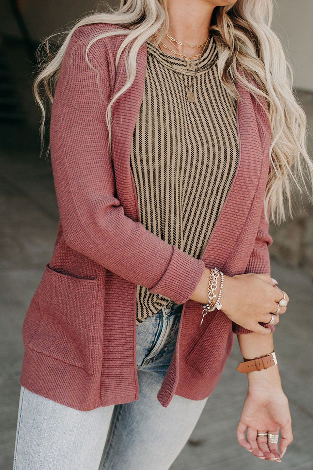 Coffee Striped Sleeveless Top with Ruffle Detail