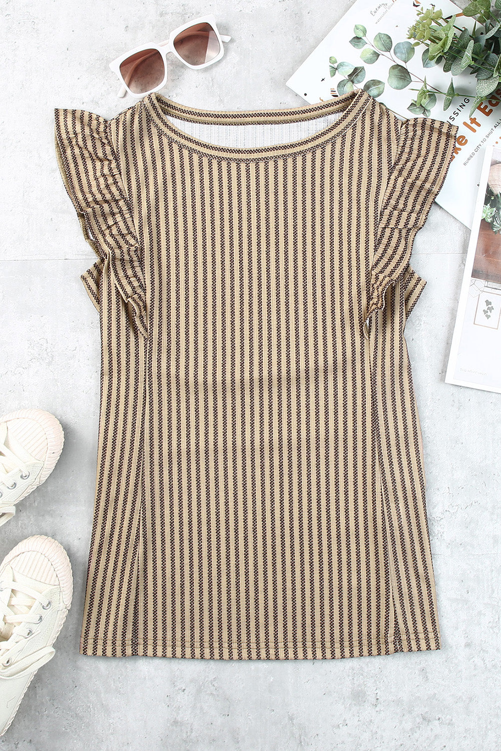 Coffee Striped Sleeveless Top with Ruffle Detail