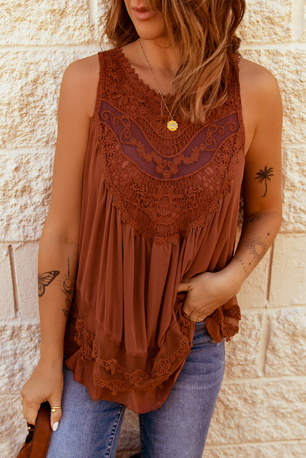 Dark Orange Lace Detail Sleeveless Top