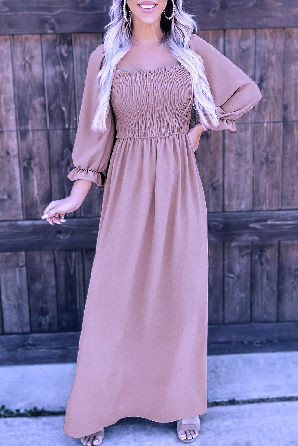 Tea Rose Smocked Ruffled Wrist Bubble Sleeve Maxi Dress