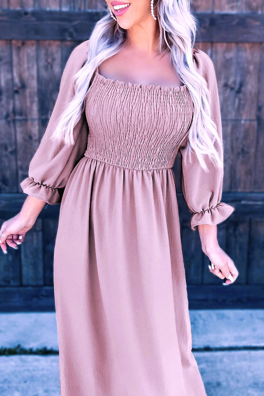 Tea Rose Smocked Ruffled Wrist Bubble Sleeve Maxi Dress