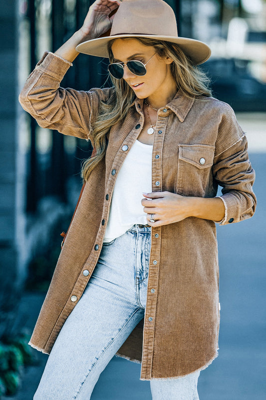 Brown Frayed Detail Snap Button Corduroy Shacket