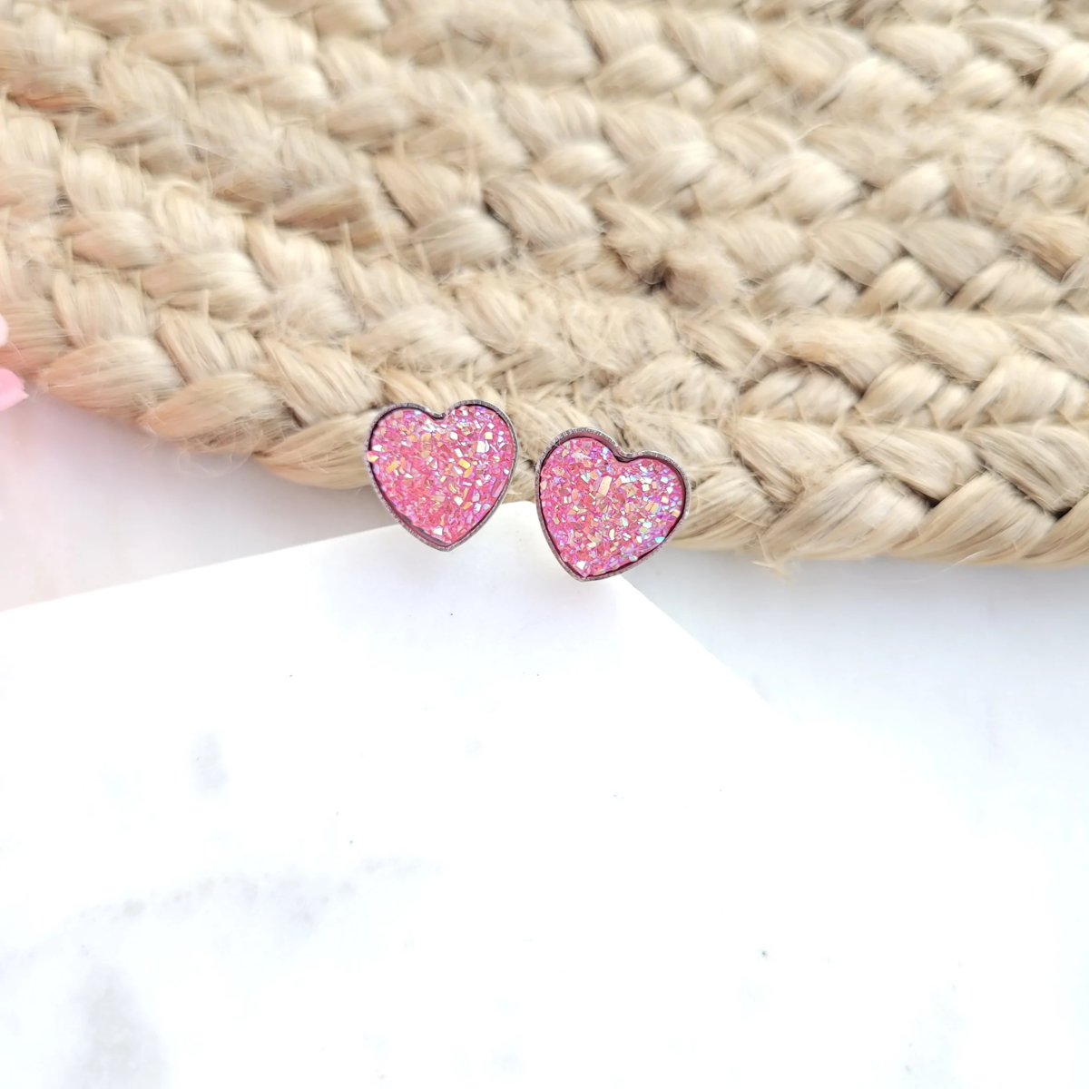 Druzy Heart Studs-Pink