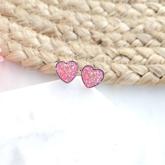 Druzy Heart Studs-Pink