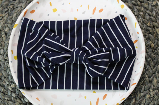 Navy Striped Headhug-Faux Bow