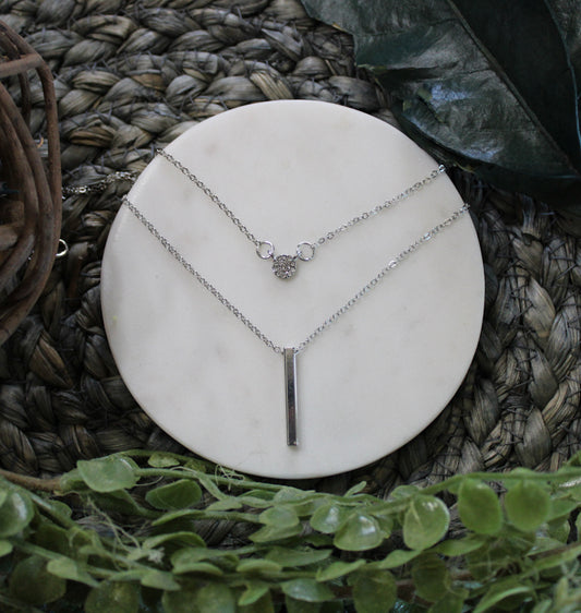 silver pendant layered necklace with stud and bar