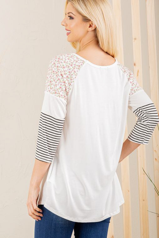 white top for women with floral shoulders and striped sleeves