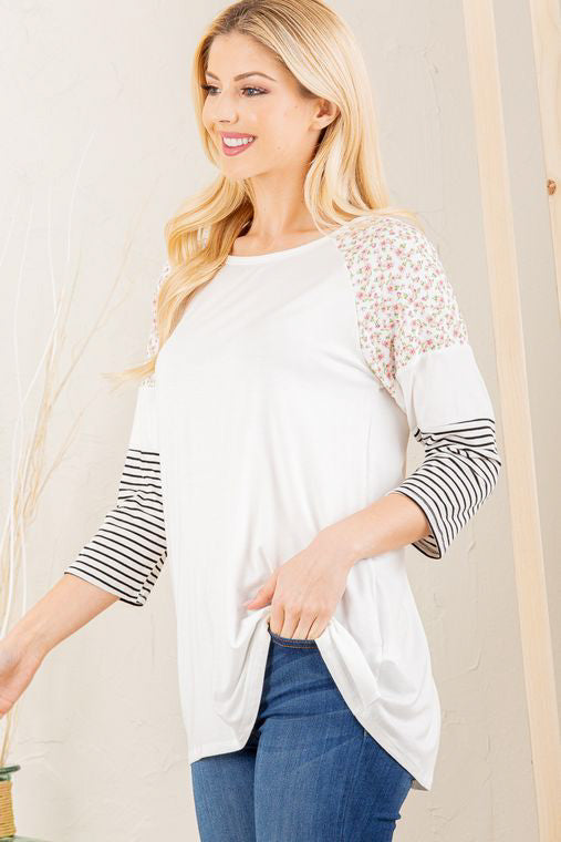 white top for women with floral shoulders and striped sleeves