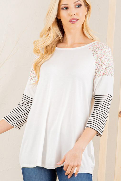 white top for women with floral shoulders and striped sleeves